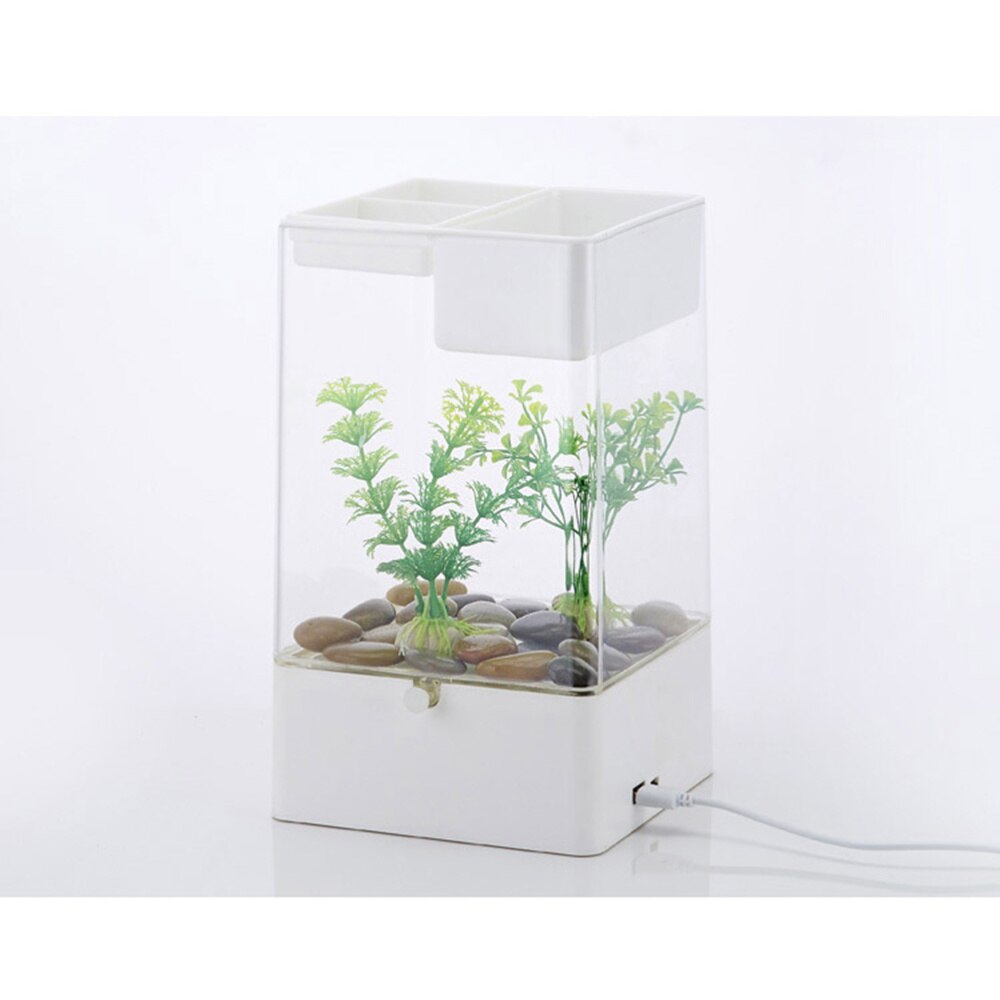 Lazy Mini Small Acrylic Goldfish Bowl Fish Tank Free Water Change Transparent Fish Tank(White,without Batteries)