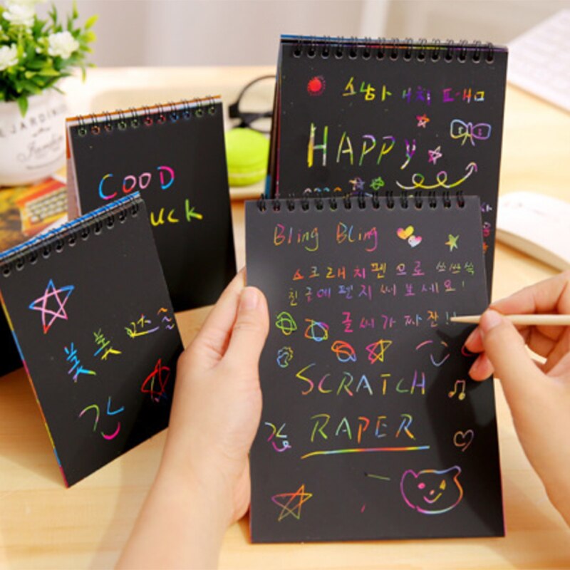Scratch Paper DIY Painting Art Doodle Pad Children Educational Toys Drawing for Children Fun Kids Colorful Black with Wood Stick