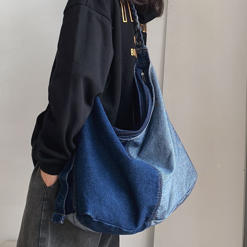 WOONAM-Bolso de hombro tipo Hobo para mujer, bolsa Extra grande de lona vaquera con contraste de Color, para ir de compras