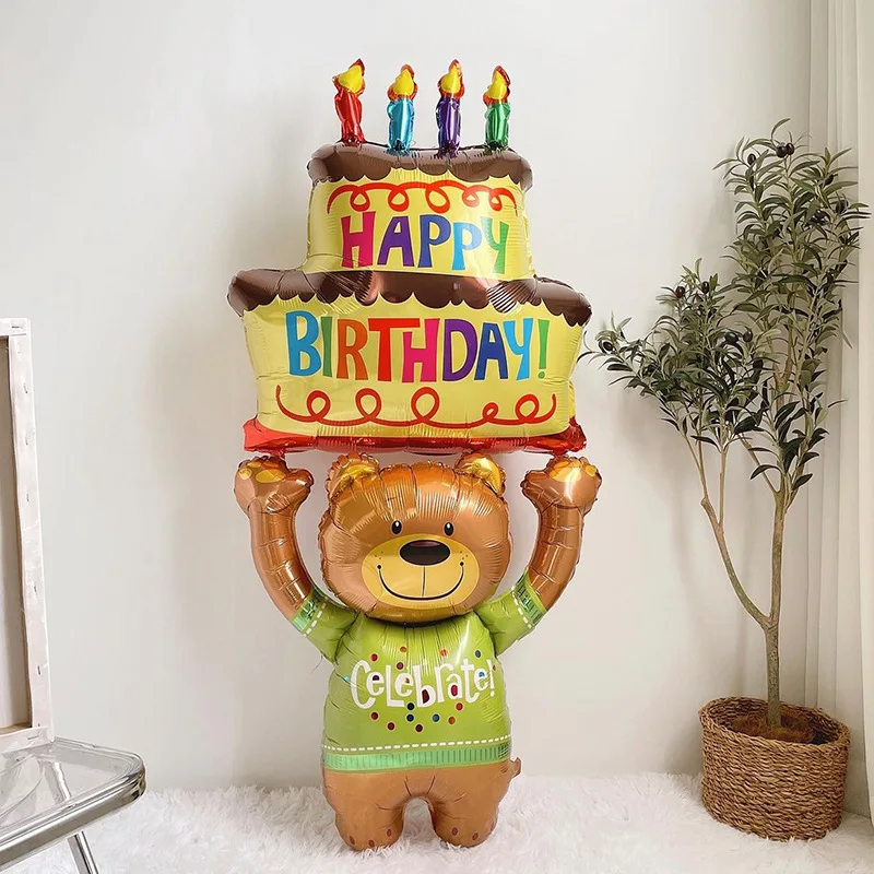 Grote verjaardagstaart ballonnen 3-laags kleur kaars cartoon beer taart aluminiumfolie ballon voor baby shower feestdecoratie