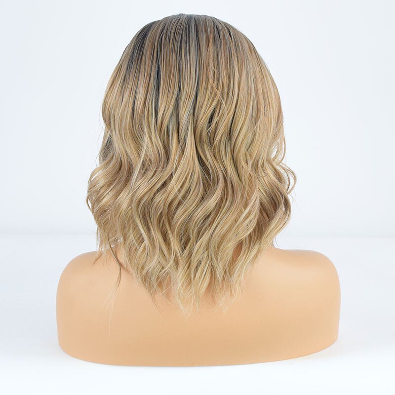 Bombshell Zwart Ombre Mix Blonde Synthetische Lace Front Pruik Korte Golf Hittebestendige Vezel Haar Middenscheiding Voor Vrouwen Pruiken