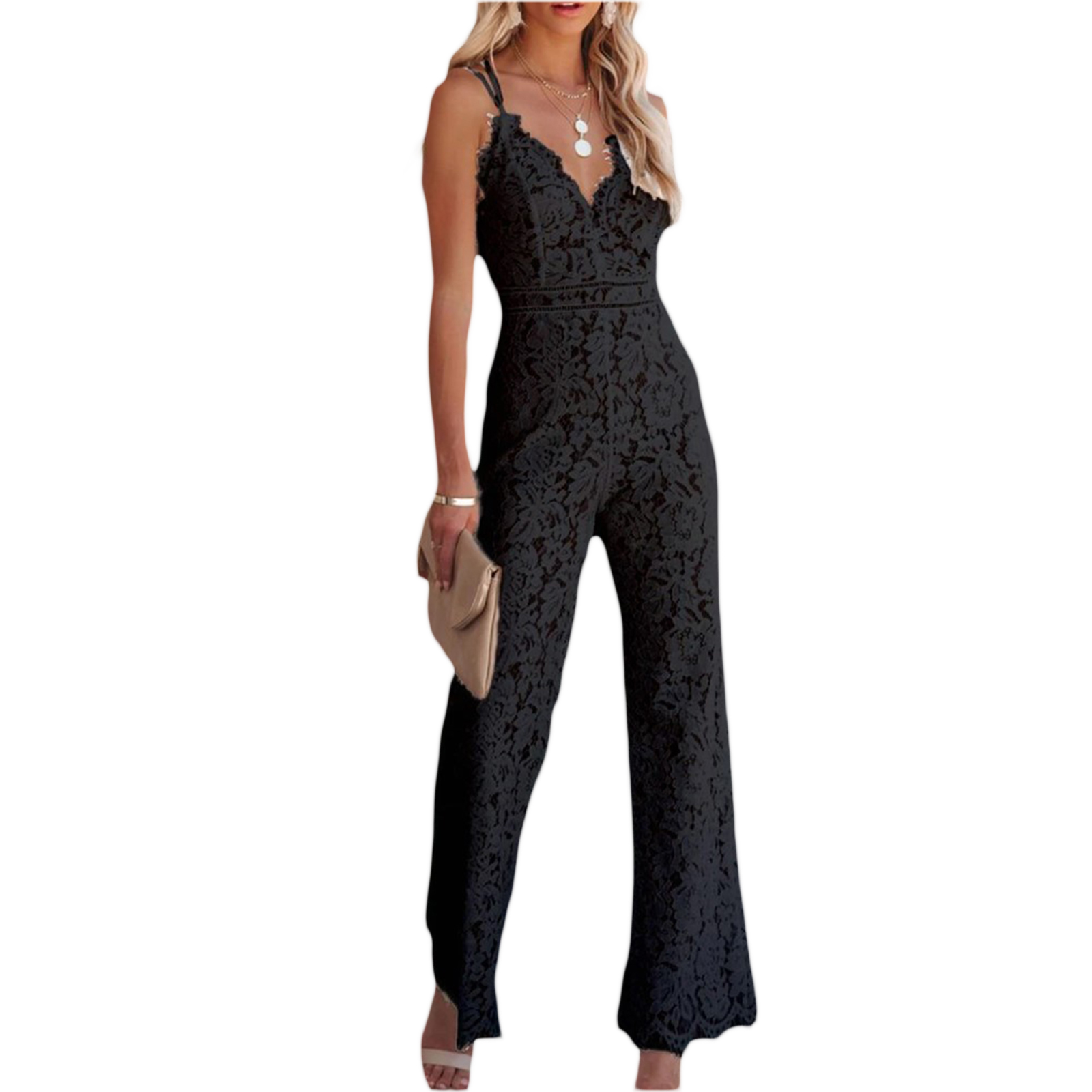 Dametøj jumpsuit, spaghettistropper v-hals ensfarvet blonde åben ryg vide ben jumpsuits lang playsuit: L / Grøn