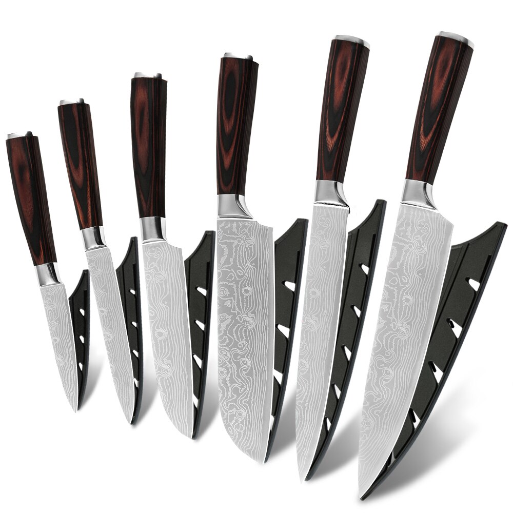 Japanese Knife Set Knives Kitchen Chef Santoku Utility Paring Strong Durable Strong 7cr17 Damascus Pattern Wood Handle: 6pcs set