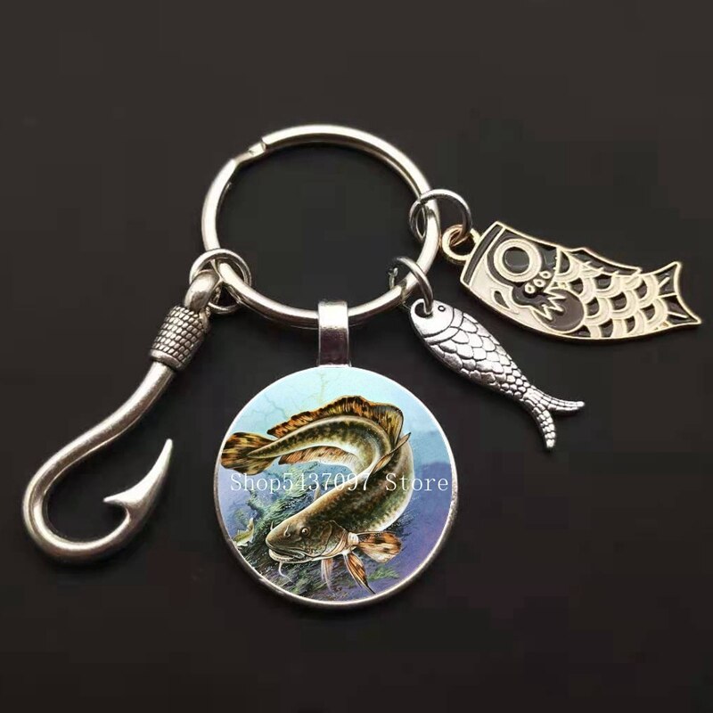 LLavero de maestro de pesca a la , llavero con anzuelo, llavero con cúpula de cristal, llavero de pescador I Love Fishing Fish, llave colgante: Plata oscura