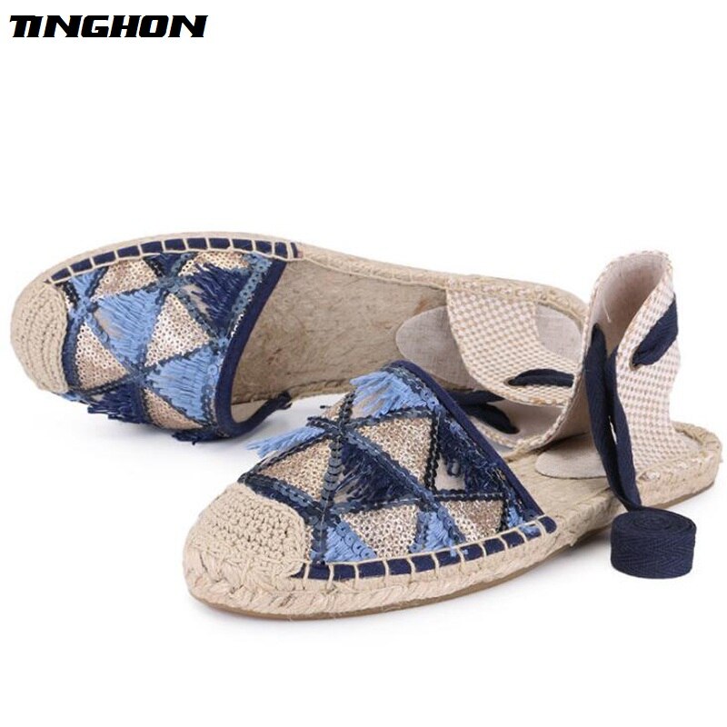 TINGHON de borla de de Alpargatas Zapatos cómodos zapatos de mujer casuales encaje transpirable Lino Lona de cáñamo zapatos de niñas: Blue / 10
