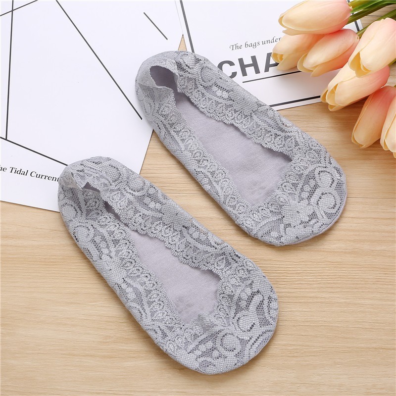 Summer women girl Silica Gel Lace Boat Socks Invisible Cotton Sole Non-slip Antiskid Slippers Anti-Slip Sock 1pair=2pcs ws7414: ws74hui