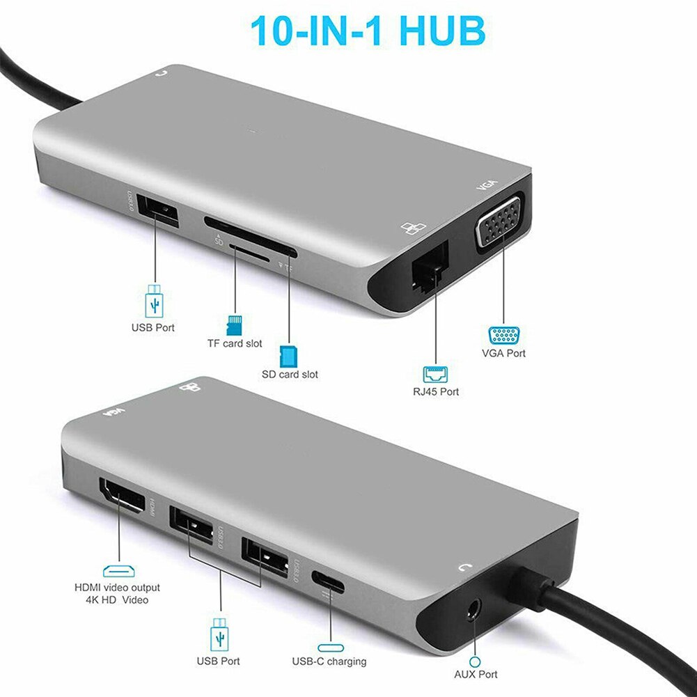 10 in 1 usb c hub multiports adapter dockningsstation hdmi vga ethernet  rj45 lan