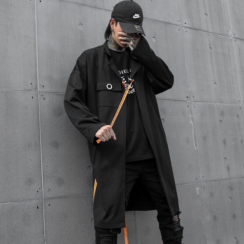 Abrigo Extra largo estilo harajuku para hombre, ropa de calle Punk rock, color negro, Otoño e Invierno