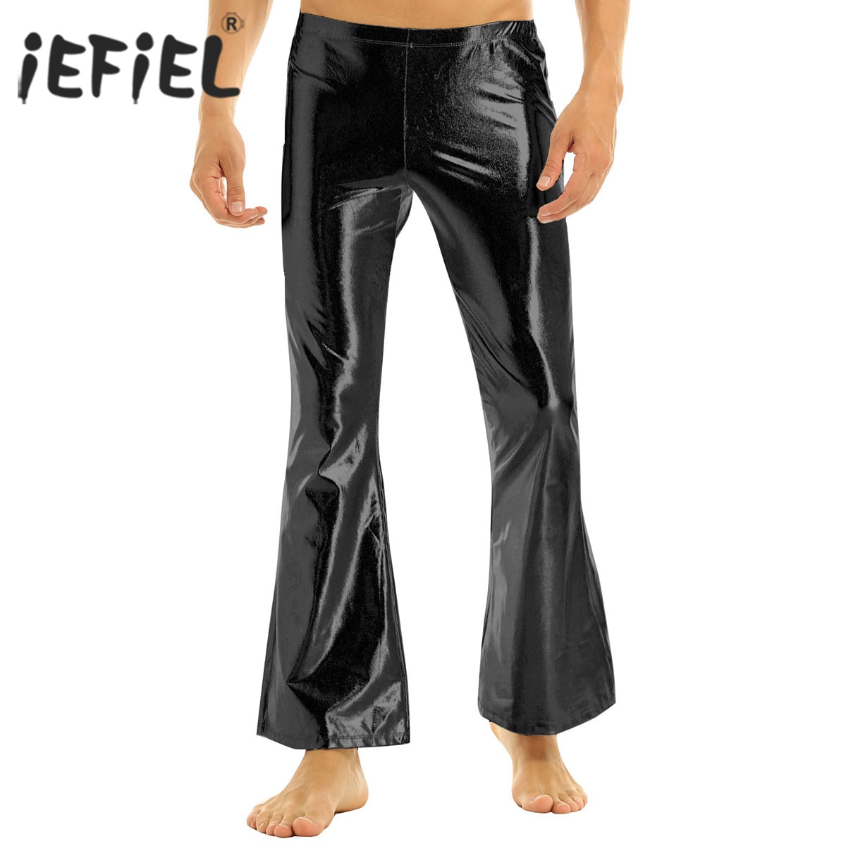 Iefiel voksen herre club wear skinnende metalliske disco bukser med klokkebund, flåede lange bukser dude kostume festbukser
