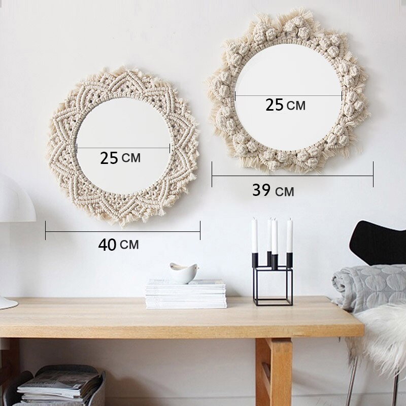 Bohemisk dekor vägg hängande vardagsrum speglar cirkel stor blomma vintage glas macrame mandalahome sovrum vägg deor spegel