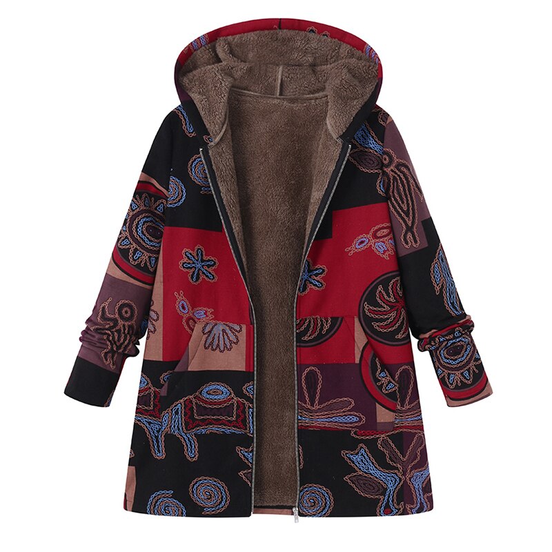 Plus Size ZANZEA Winter Herfst Lange Mouw Basic Bovenkleding Vrouwen Retro Hooded Etnische Gedrukt Faux Pluizige Dunne Jas Jassen