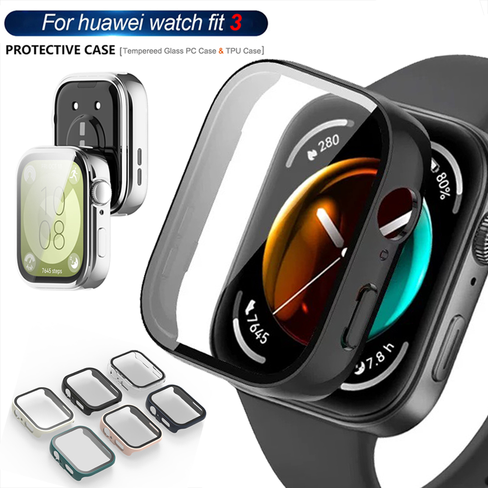 Vidrio + funda para Huawei Watch Fit 3, Protector de pantalla integral, parachoques duro de PC, funda de reloj de vidrio templado para Huawei Watch Fit 3
