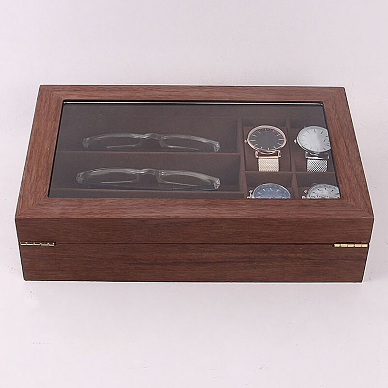 Wooden 4 Cells Watch Display Case,3 Cells Eyeglass Display Organizer, Glass Topped Wooden Watch Display Case