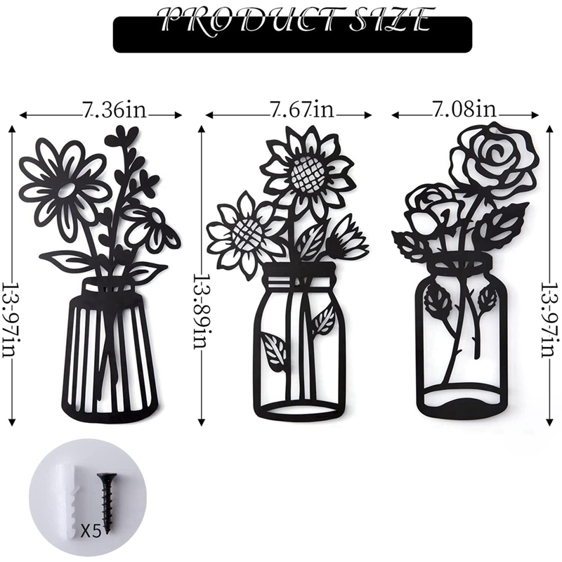 impostato di 3 fiori in metallo decorazioni murali fiore in metallo minimalista fiore in metallo parete arte arredamento parete arte fiore nero decorazioni in ferro