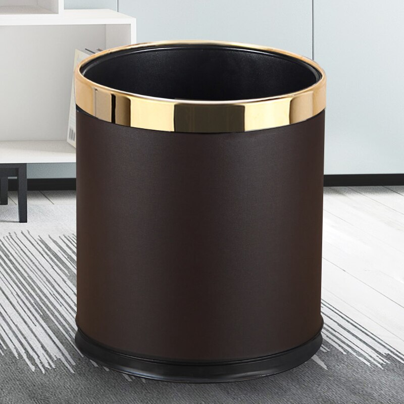 Poubelle de luxe en métal avec couvercle en cuir | Poubelle de bureau ouverte à Double couche de forme ronde: coffee gold ring