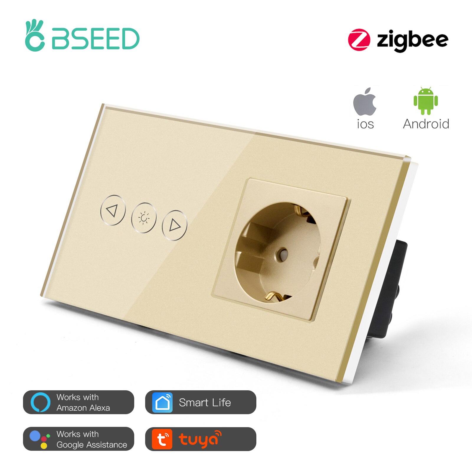 BSEED ZigBee Dimmer Switch Smart Intelligent Touch Light Switch Normal Wall Socket Tuya Smart Life APP Google Alexa Control: Golden