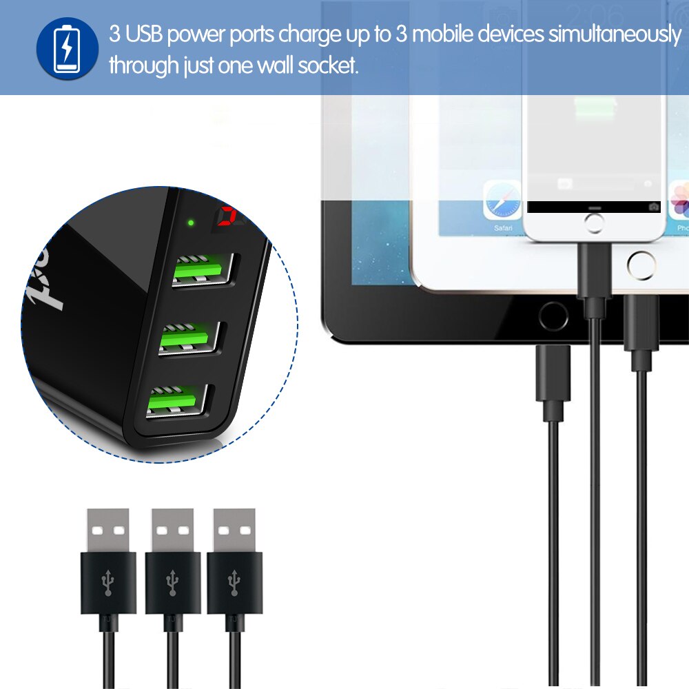 Powstro 5v 3a 3 usb-reislader eu-stekker lcd-scherm, intelligent digitaal display, universele wandadapter, spanning en stroom voor mobiele telefoon