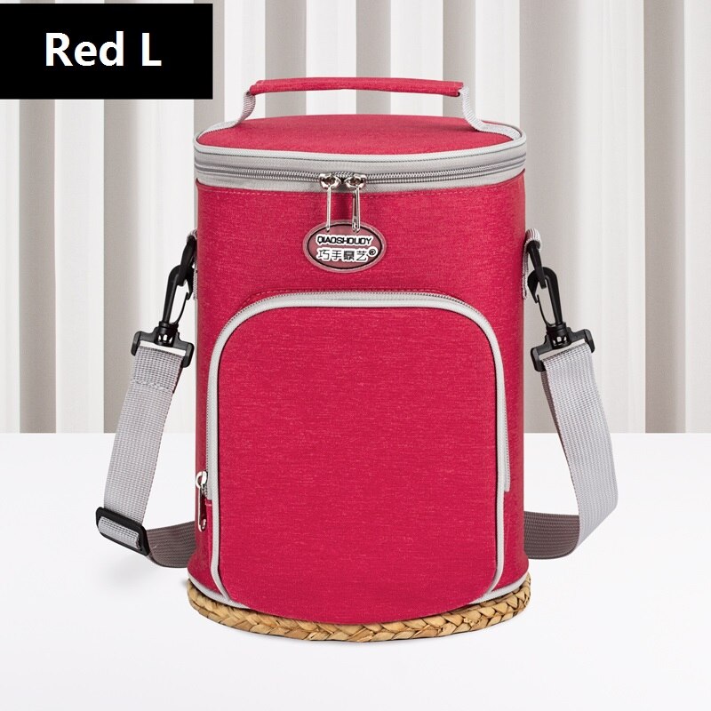 Cylindrical Lunch Box Cooler Bag Picnic Waterproof Oxford Aluminum Foil Food Refrigerator Car Camping Thermal Insulation Bags: Red L