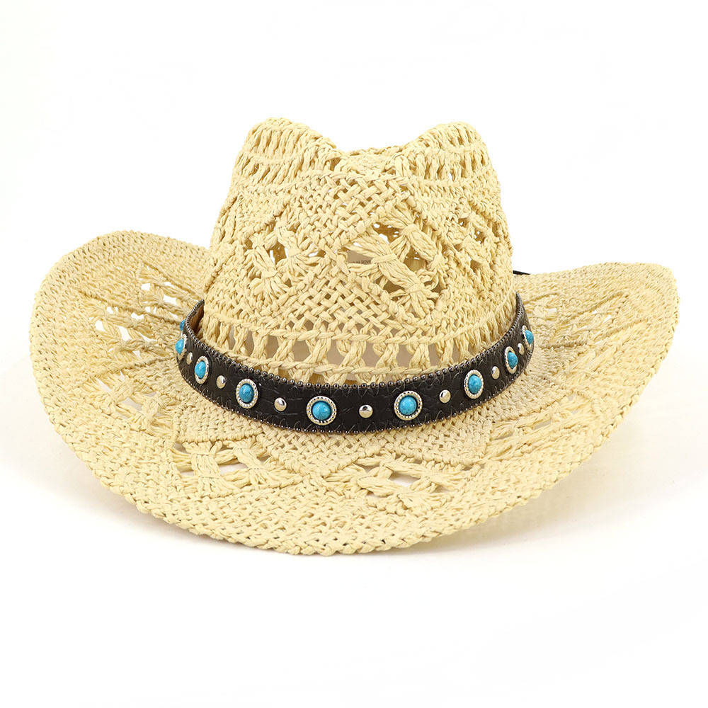 Western Cowboy Strohoed voor Dames Heren Handgeweven Brede Rand Ademend Outdoor Strand Zonbescherming Hoed Sombrero Vaquero: Beige
