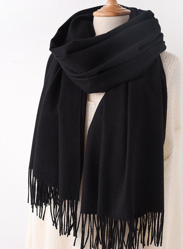 JulyPalette Solid Color Cashmere Scarf For Women Autumn Tassel Lady Long Shawls Pashmina Scarf Winter Warm Thicken Wool Scarves: Black