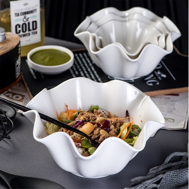 White Ceramic Irregular Salad Bowl Curling Edge Dinner Plates Fruit Kitchen Decor Dishware Platos De Cena