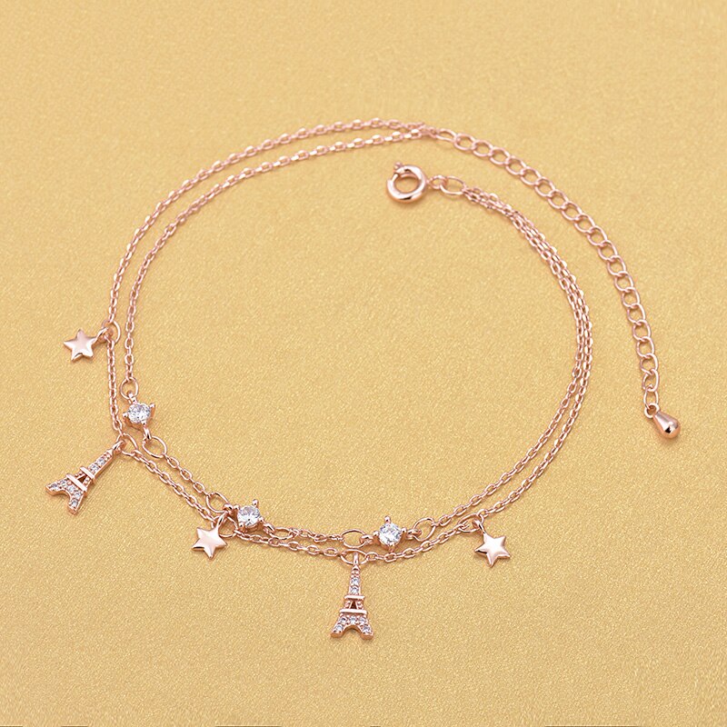 Korea Style Rose Gold Rhinestone Crystal Star Eiffeltoren Charm Enkelbanden Sieraden Voor