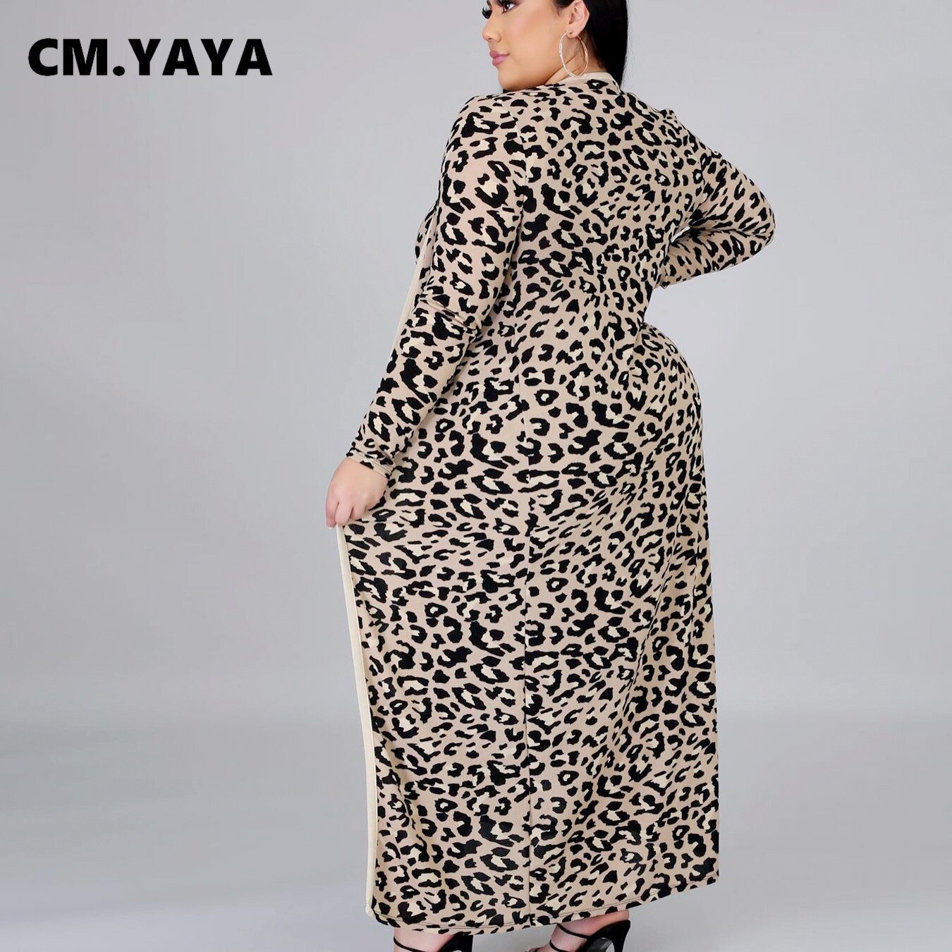 Cm.yaya plus size xl -4xl leopardprint dame- og #39 ;s sæt langærmede lange kappe toppe bodycon midikjole todelt matchende sæt outfits
