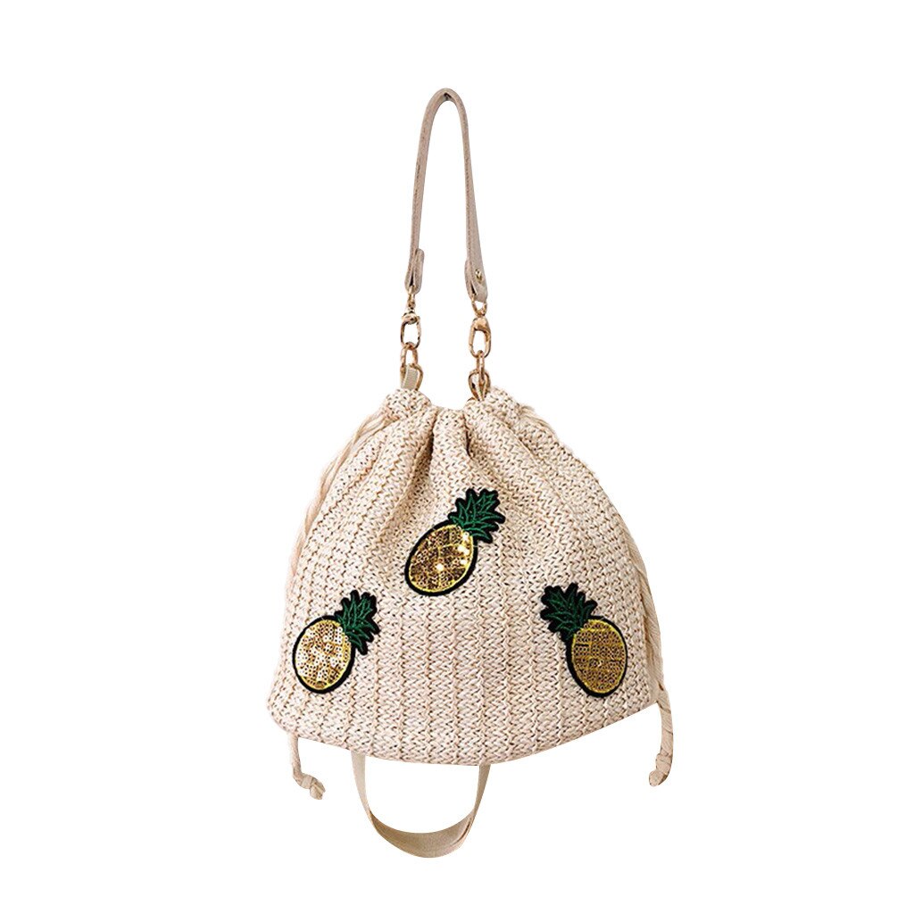 Bolsa de ombro feminina bolsa de ombro saco de balde de palha pineappl mensageiro sacos de praia: White