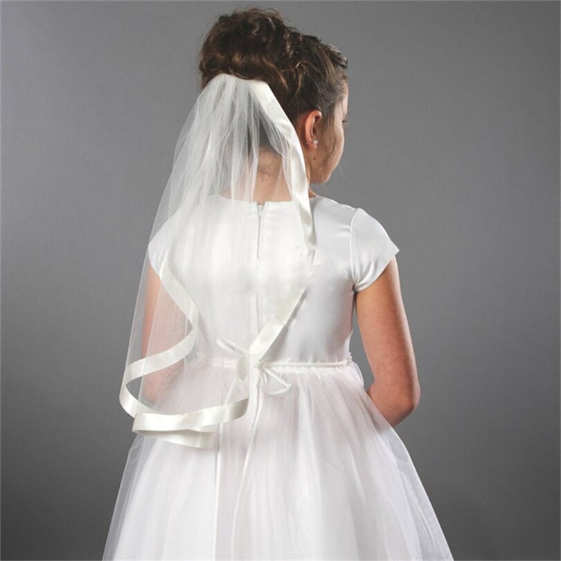 White Ivory Wedding Flower Girls First communion Veils with comb Children Kids Tulle Veil Satin Edge Voiles Fille velos de Novia