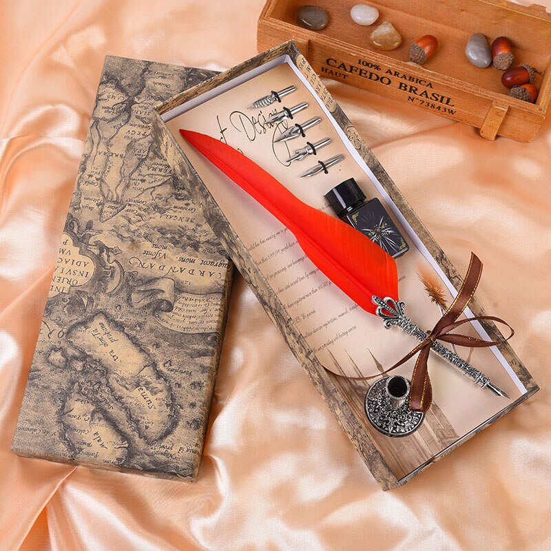 1Set Vintage Kalligrafie Veer Dip Schrijven Pen Inkt Set Briefpapier Box Met 5 Nib Festival Quill Fontein pen: red