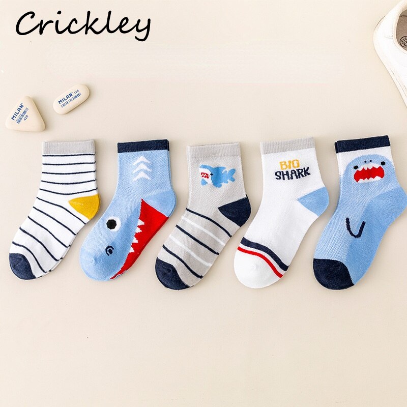 5Pairs/lot Cartoon Shark Children&#39;s Cotton Socks Spring Summer Mesh Boys Socks Soft Thin Breathable Kids Short Sock 1-13T