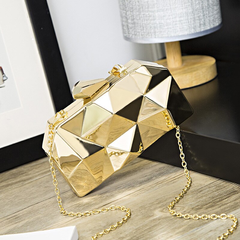 Handbags Women Metal Clutches Hexagon Mini Party Black Evening Purse Silver Bags Gold Box Chain Shoulder Bag: gold