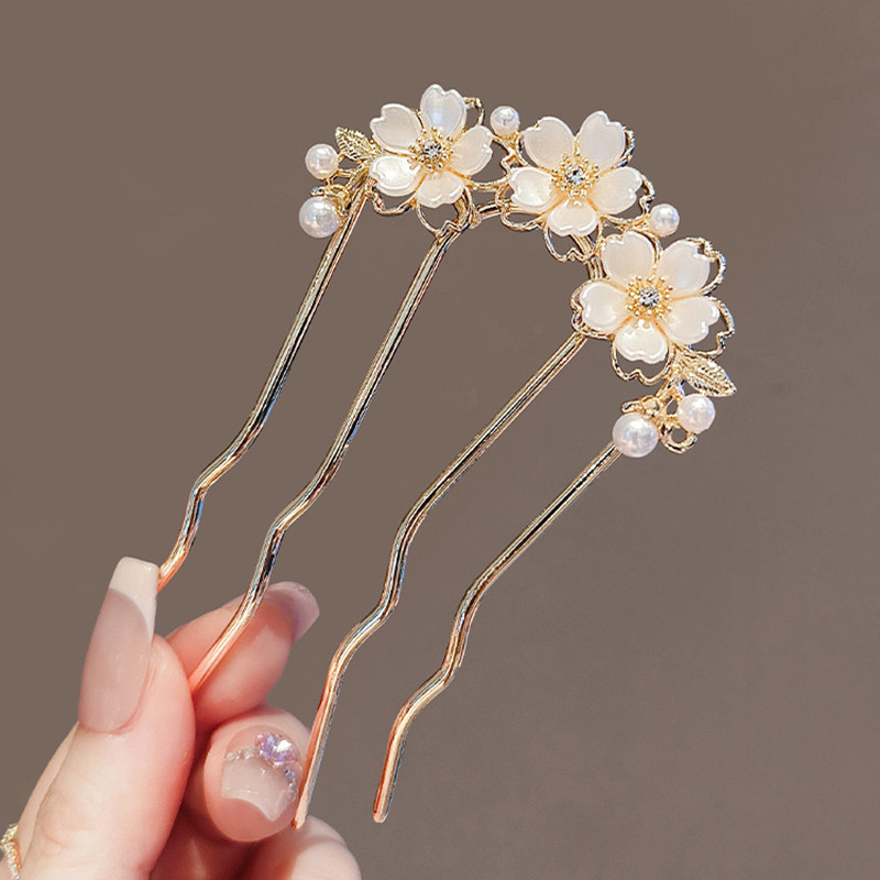 Peinetas para el cabello onduladas con flores y perlas para mujer, horquilla estilo bosque en forma de U, broche para el cabello con cabeza de moño de Metal de alta gama
