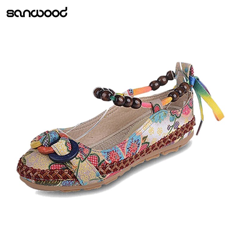 Mocasines coloridos étnicos con cordones y cuentas para mujer, zapatos planos de punta redonda cómodos, novedad: 9