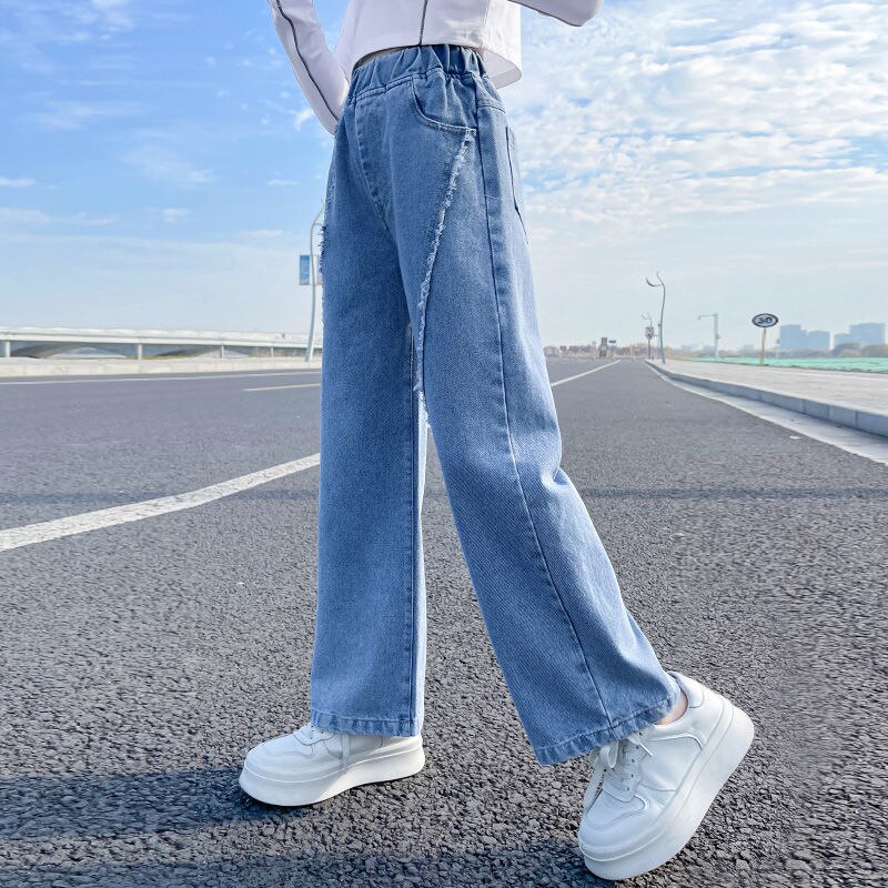 Pantalones vaqueros elásticos de pierna ancha para niño, niña adolescente de 5, 6, 8, 10, 12 y 14 años, primavera y otoño, 2022: q3 / 12