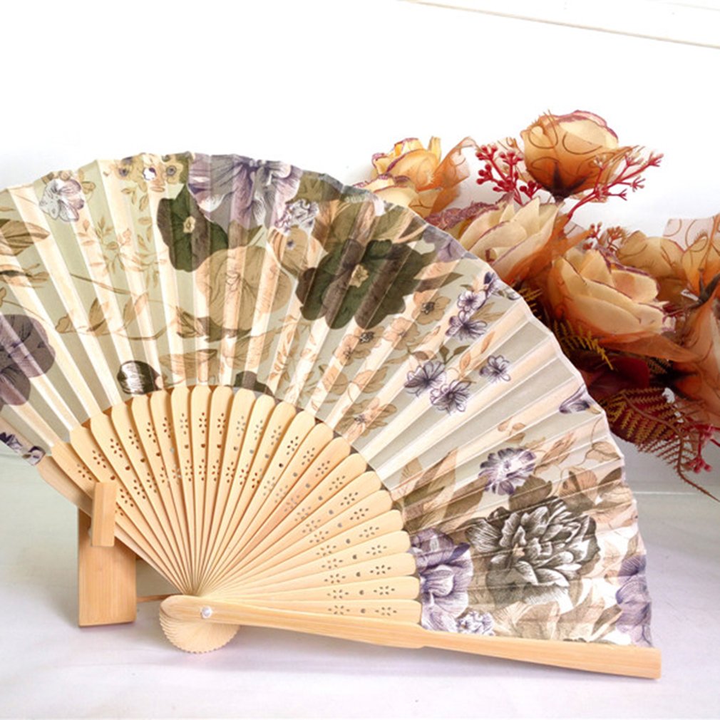 Portable Fan Japanese Style Women's Hand Held Folding Fan No. 8 Beautiful Cherry Color Satin Fan with Bamboo Frame: 6 golden