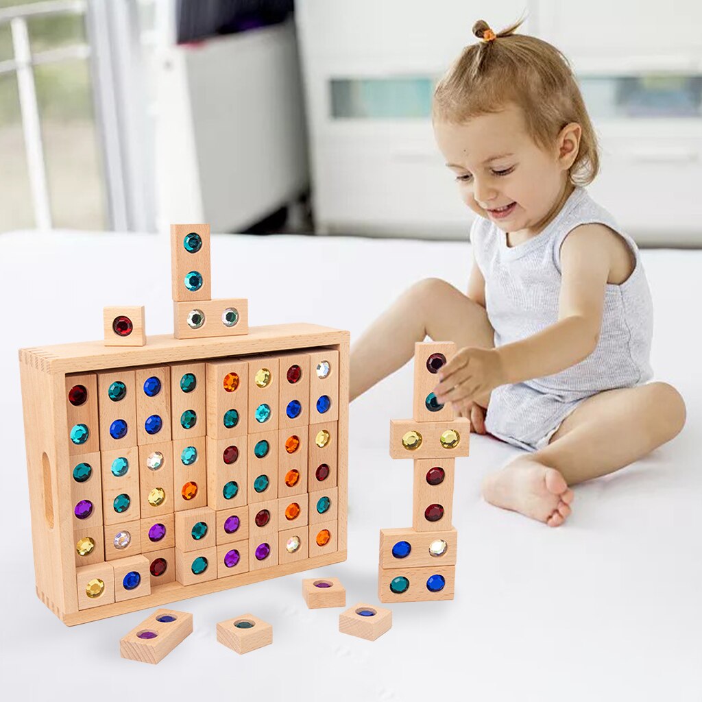 128pcs Wooden Colorful Gems Blocks Toys Translucent Rainbow Educational Early Education Recognition Learning Color Reflection