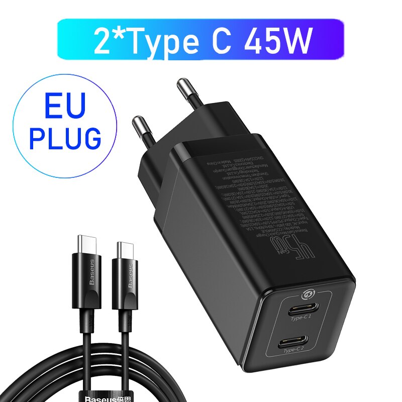 Baseus Gan Lader 45W Pd Usb Charger Quick Charge 4.0 3.0 Dual Usb Telefoon Oplader Forip Voor Huawei Mate 10 Voor Samsung Laptop: 2C Black  EU