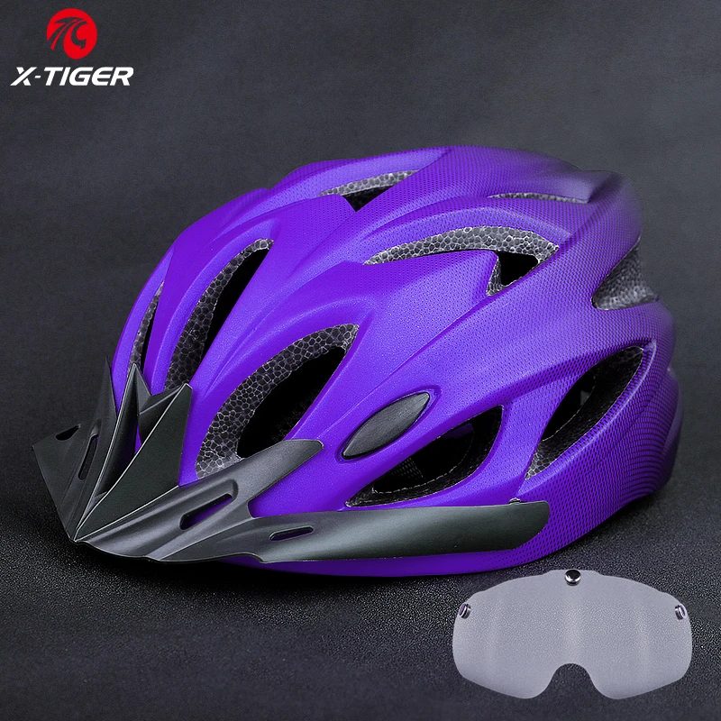 X-TIGER Casco de ciclismo Casco de bicicleta moldeado integralmente Luces LED Casco de bicicleta MTB Sombrero deportivo ultraligero seguro con gafas Visera: Borgoña
