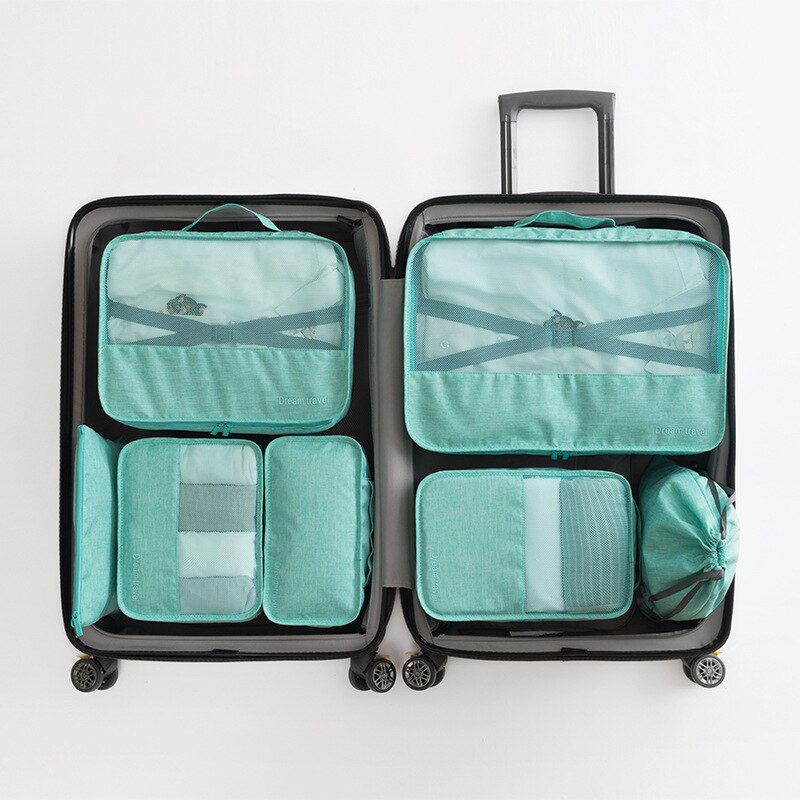 7 teile/satz Reise Organizer Würfel Kompression Beutel Wasserdicht Gittergewebe Langlebig Gepäck Veranstalter Verpackung Würfel Mit Schuh machen-hoch Tasche: Blau