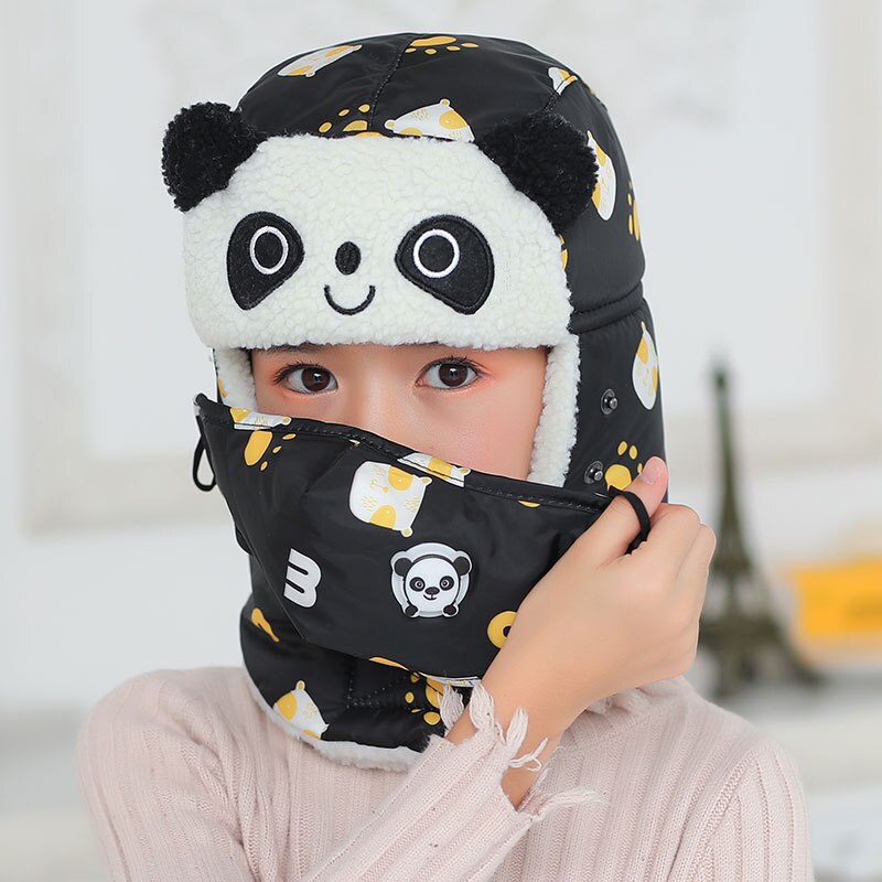 Gorros de bombardero afilados de panda para niño y niña, gorro de invierno con bufanda, máscaras de cuello, gorro de nieve de algodón, orejeras, sombrero ruso, máscara cálida