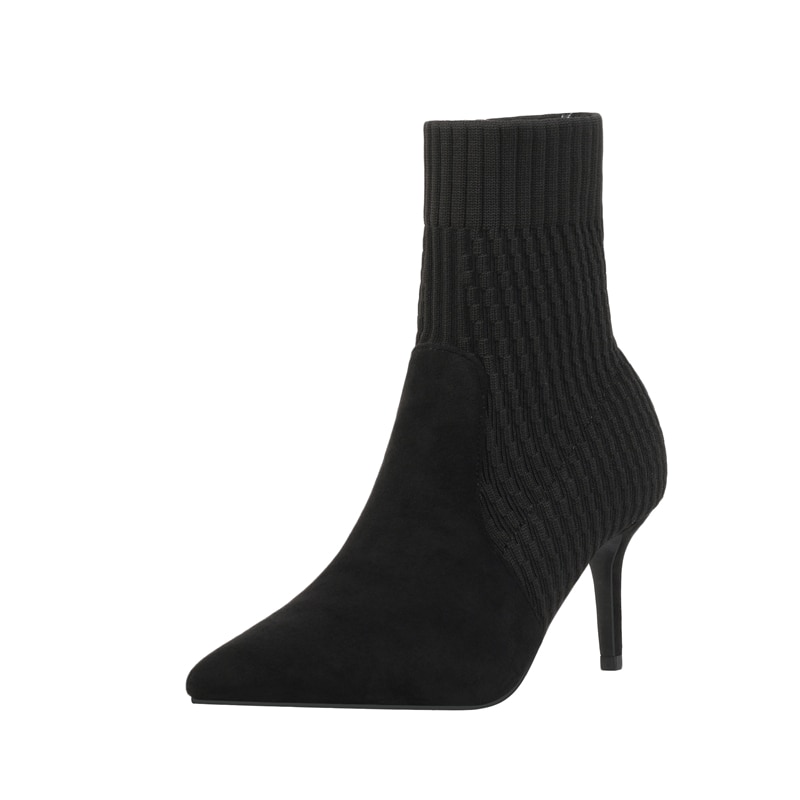 Vrouwen Laarzen Wees Teen Garen Elastische 7Cm Dunne Hoge Hakken Sok Laarzen Beige Vrouwelijke Breien Enkel laarzen Big Size Schoen
