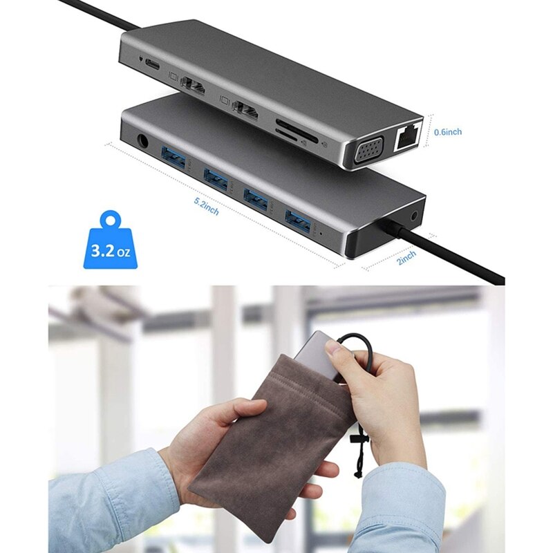 12 in usb type c dockingstation met dubbele 4k hdmi usb 3.0 usb 2.0 pd oplaad 3.5mm  rj45 aansluiting 1 dubbele tf/sd kaartsleuf usb
