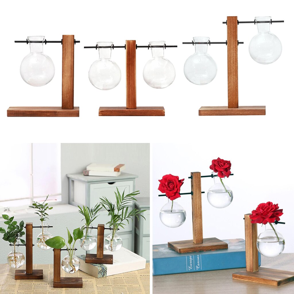 Glass Terrarium Planter Bulb Vase Archaistic Wooden Propagation Station Stand Metal Swivel Holder for Air Plants
