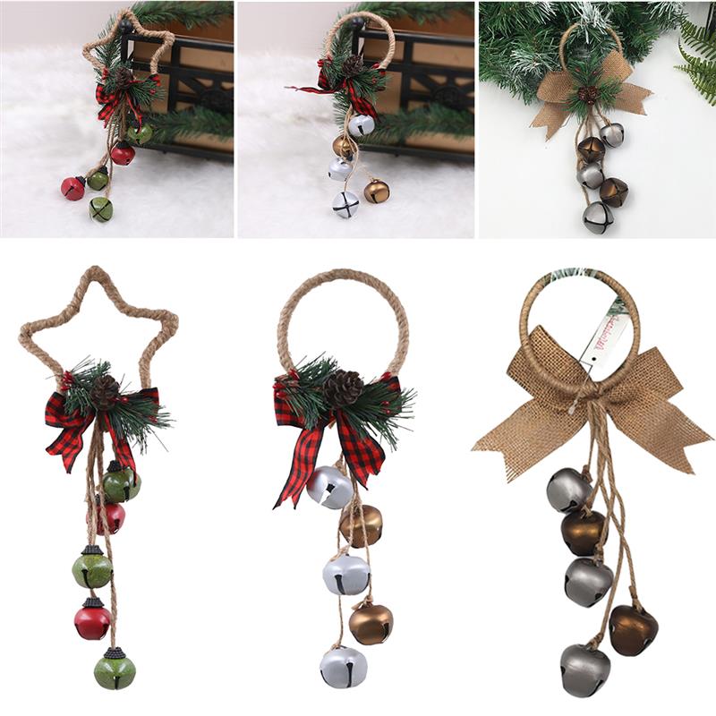 Kerstboom Bell Ornament Retro Strik Ster Ornament Deur Hanger Met Bell Xmas Decoraties Opknoping Hangers