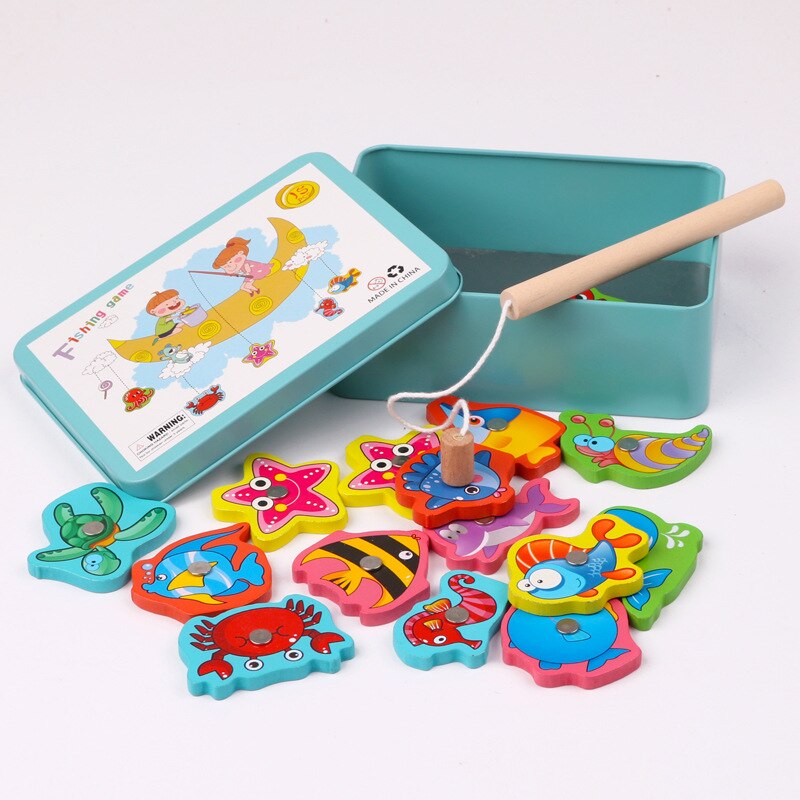 15Pcs Fish Wooden Magnetic Fishing Toy Set Baby Educational Toys Fish Game Educational Fishing Toy with Box: bule