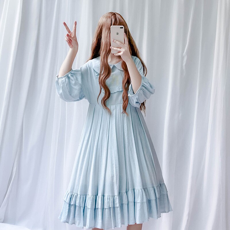 JSK Japan Style Lolita doll collar dress Vintage babydoll dress bishop sleeve Juicy pleated dress