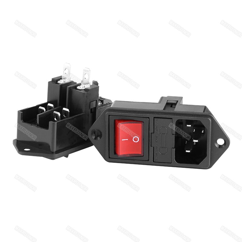 Rocker Switch with double fuse AC socket full copper Red Light 10A 250V 3Pins Black green red