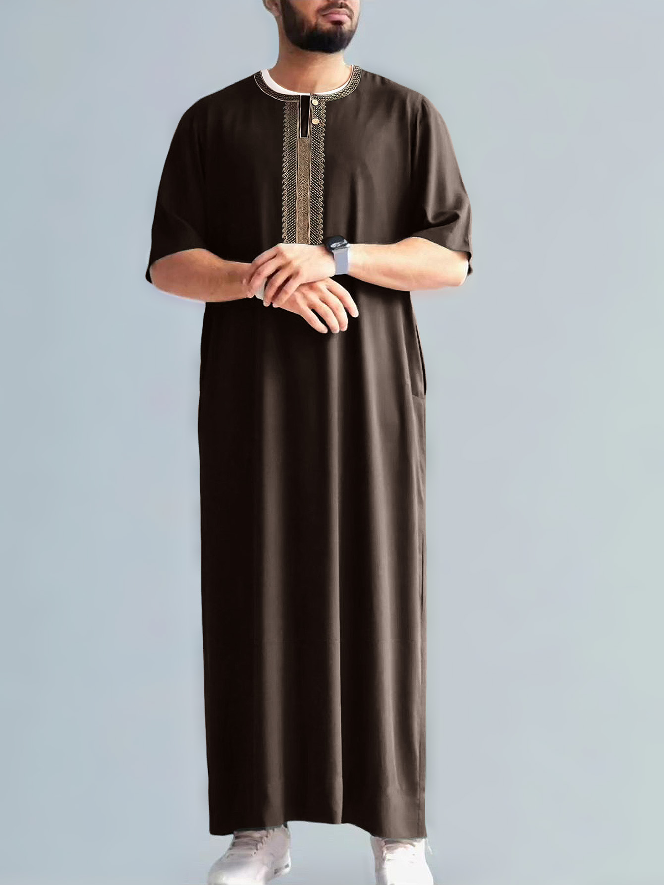2025, geborduurde traditionele mannen boubou jalabiyas jubbah moslim mannen thobe Marokko thobes islamitische kleding Ramadan gewaad: XXL / Bruin