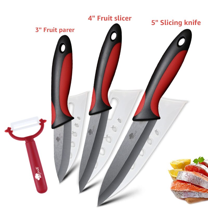 Kitchen Ceramic Knife 3 4 5 6 inch + Peeler Chef Paring Utility Slicing Fruit Vegetable Knife Black Blade Kitchen Cooking Tool: 345 RED BLACK